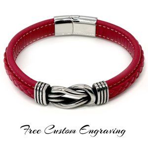 Men's red leather love knot with magnetic clasp.